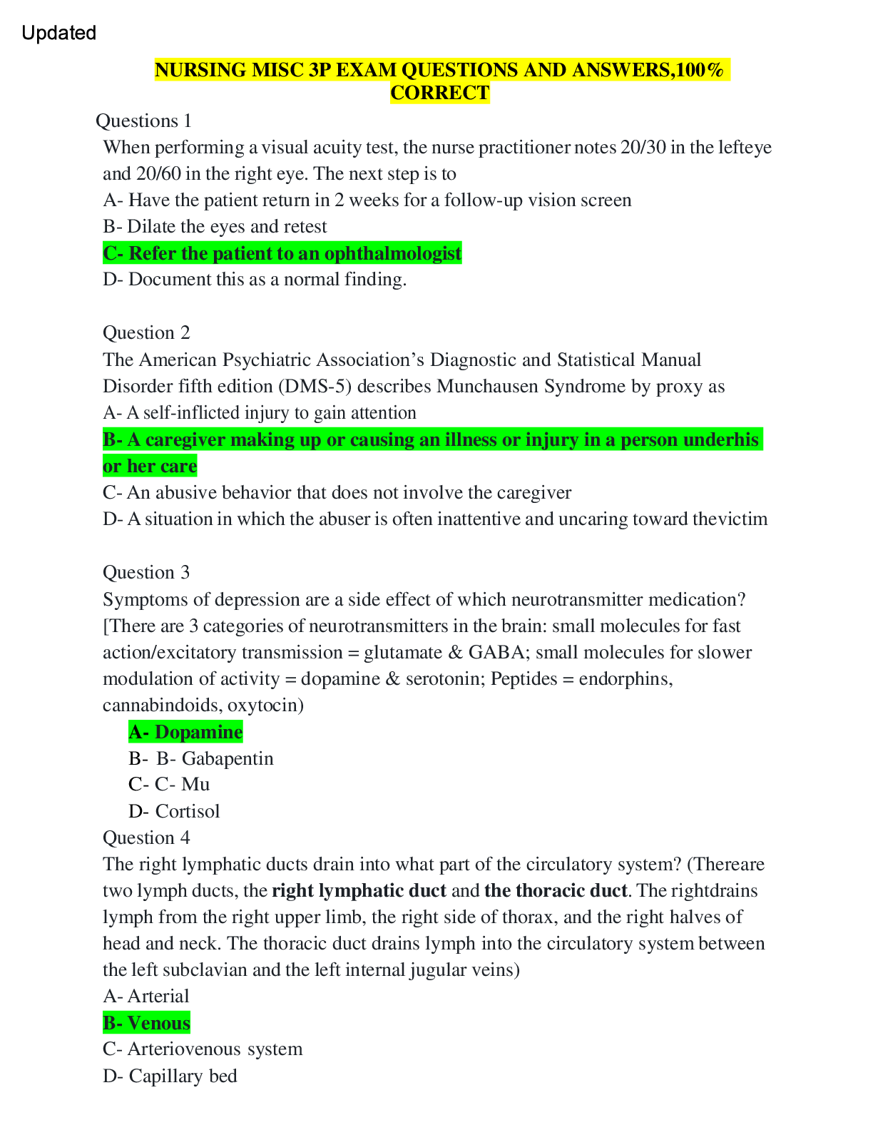 Preview of NURSING MISC 3P EXAM QUESTIONS AND ANSWERS,100% CORRECT